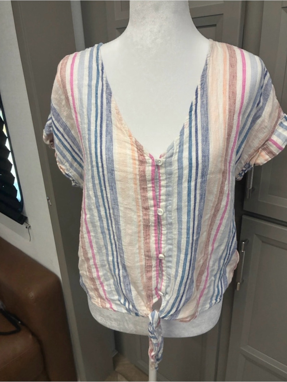cloth & stone Pastel Striped Tie-Front V-Neck Blouse in Blue, Pink, Cream, Tan
